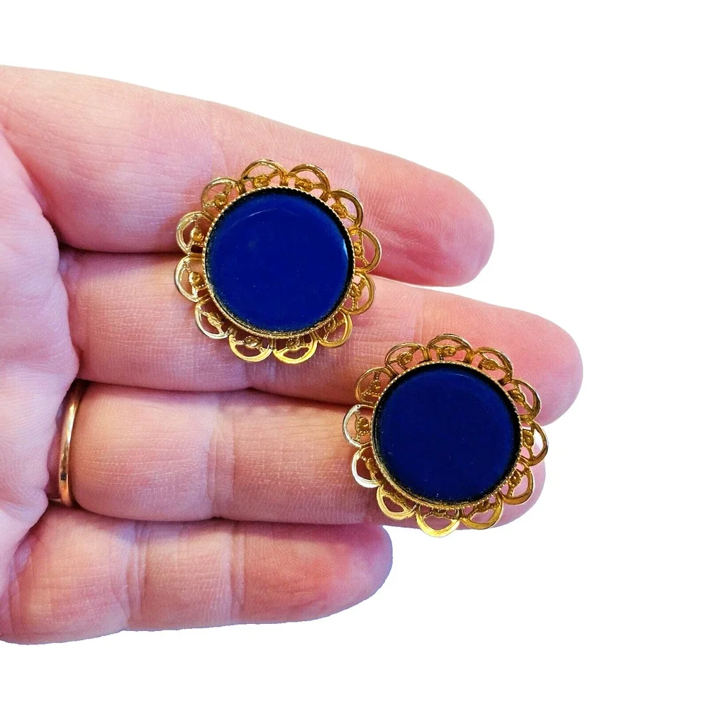 Vintage Mid Century Cufflinks Blue Enamel Rounds Gold Tone Filigree Surround